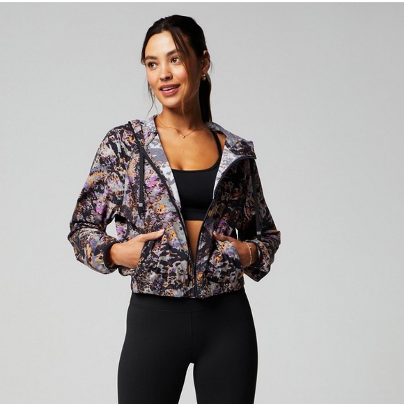 Fabletics Jackets & Blazers - NWT Fabletics Women's Abstract Purple and Orange Bomber Jacket With Black Shorts